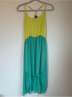 Ecko Red by Ecko Unlimited Yellow & Teal Hi-Low Adjustable V Strap Chiffon Dress